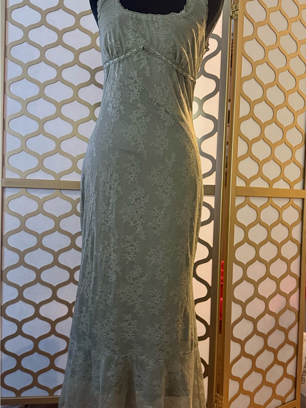 Lace Detail Sage Green Maxi Dress - Women's Elegant Slip Dress